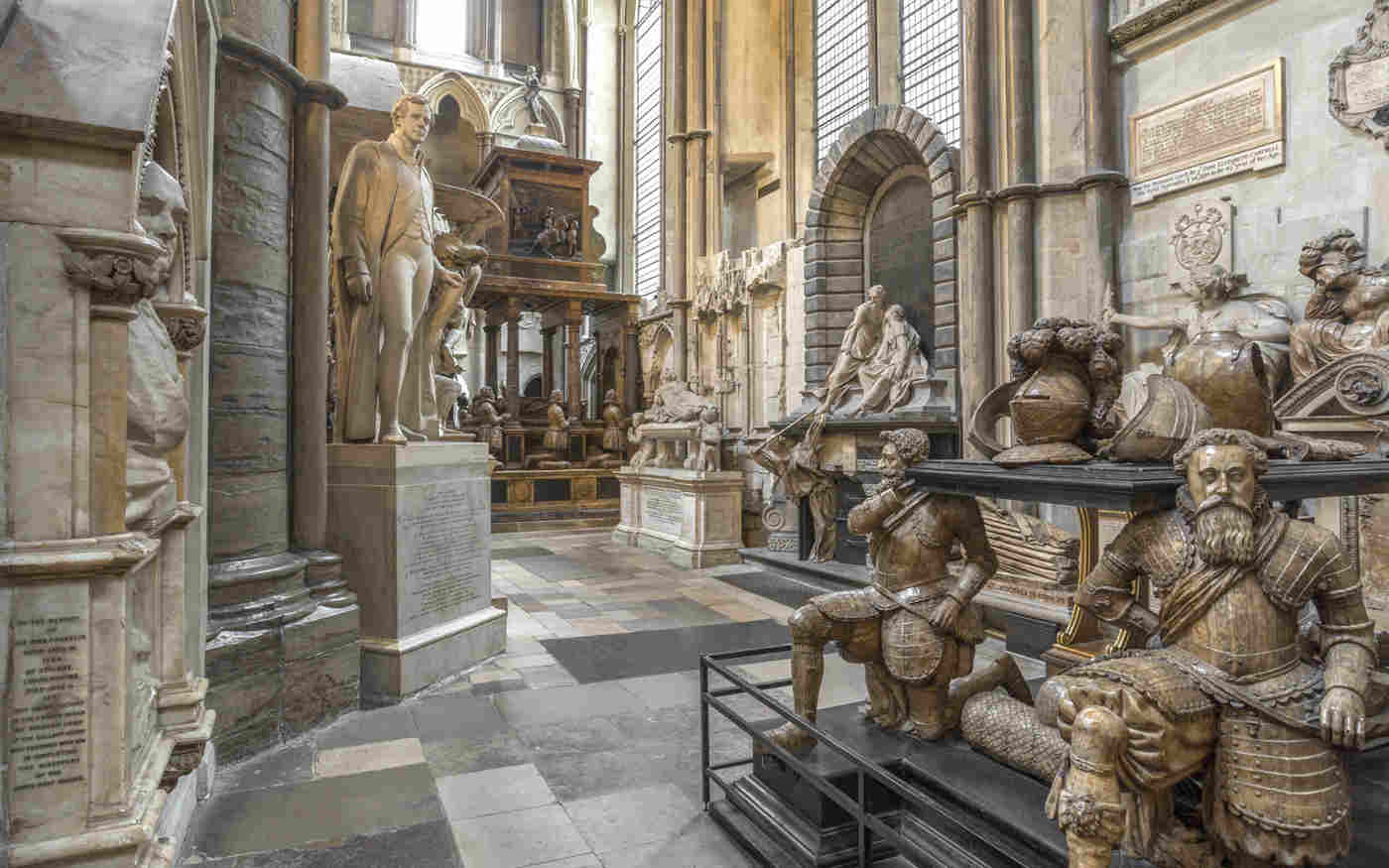 Photograph of memorials and statues in St Michael's Chapels in Westminster Abbey