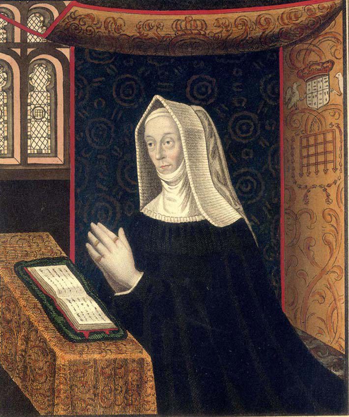 Margaret Beaufort knelt in prayer with a book on a table in front of her