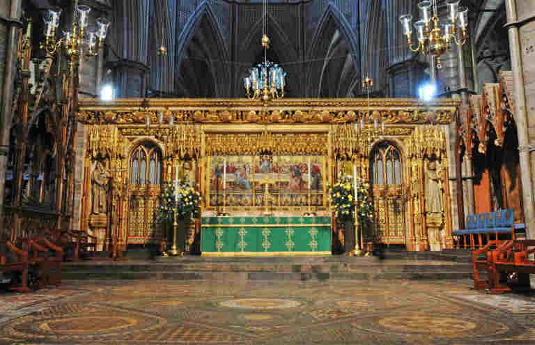 Westminster Abbey's High Altar with a mosaic of the Last Supper behind the altar table
