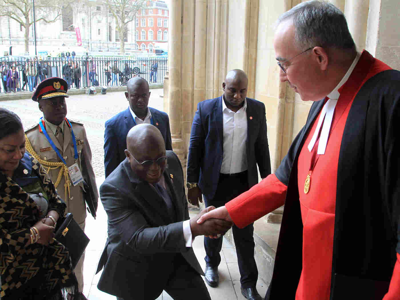 The President of Ghana, Nana Akufo-Addo, arrives and is greeted by The Very Reverend Dr John Hall, The Dean of Westminster