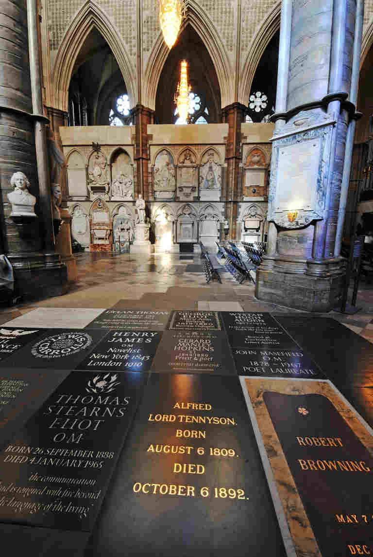 Array of gravestones and memorial stones to writers including TS Eliot, Alfred Lord Tennyson and Robert Browning