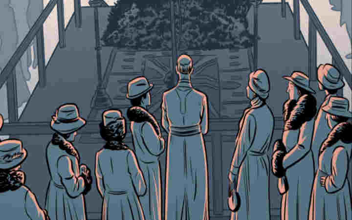 Illustration of people surrounding the Grave of the Unknown Warrior in Westminster Abbey