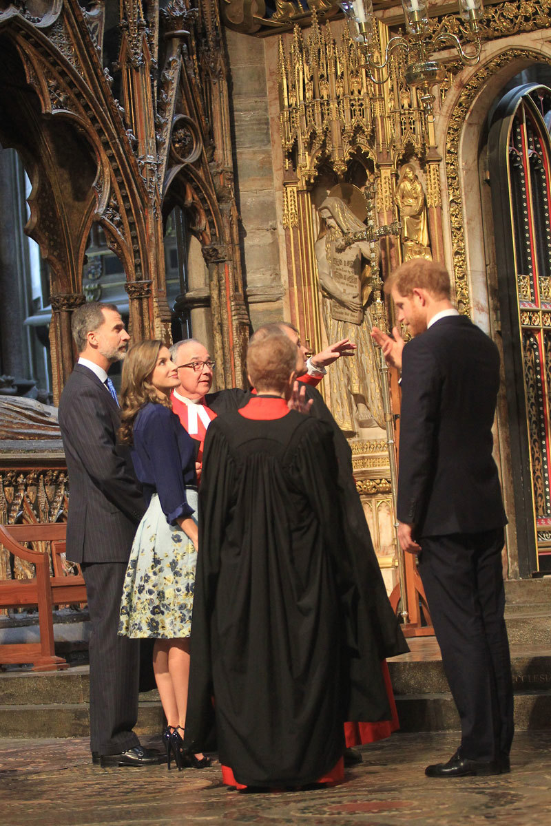 King Felipe VI, Queen Leitzia of Spain and HRH Prince Henry of Wales prior to their visit to the Shrine of St Edward