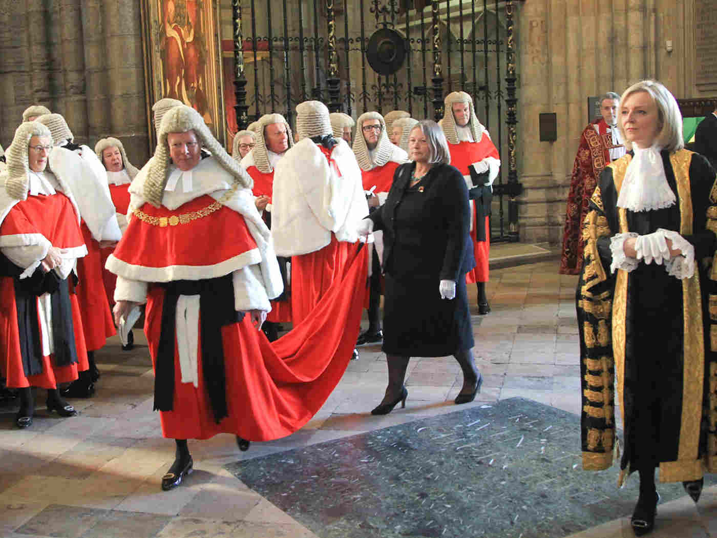 The Right Honourable The Lord Thomas of Cwmgiedd, Lord Chief Justice of England and Wales, and The Lord Chancellor and Secretary of State for Justice, The Right Honourable Liz Truss MP, lead the procession