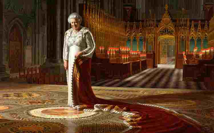 Painting of Queen Elizabeth II standing on the Cosmati Pavement, Westminster Abbey