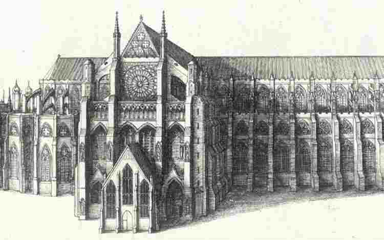 Engraving of the north side of Westminster Abbey in 1654.