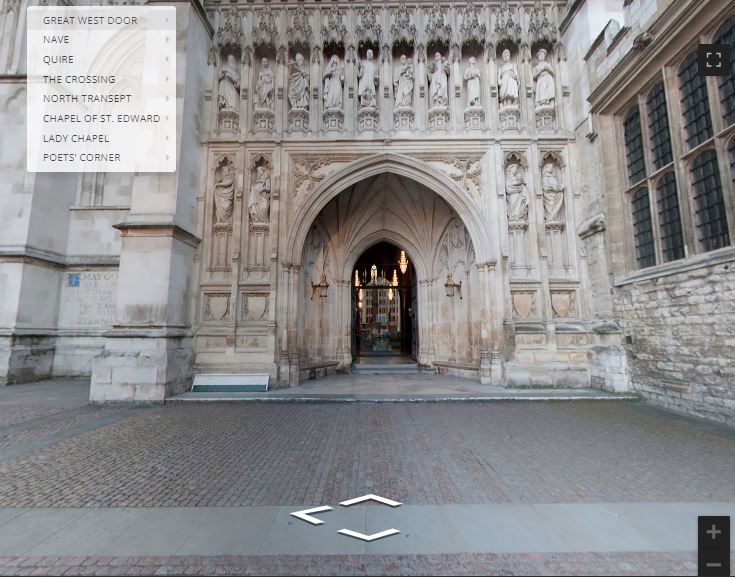 A still from the virtual tour: The Great West Door with arrows pointing north, east and west. On the side is a navigational menu featuring: Great West Door, Nave, The Crossing, North Transept, Chapel of St Edward, Lady Chapel, Poets' Corner