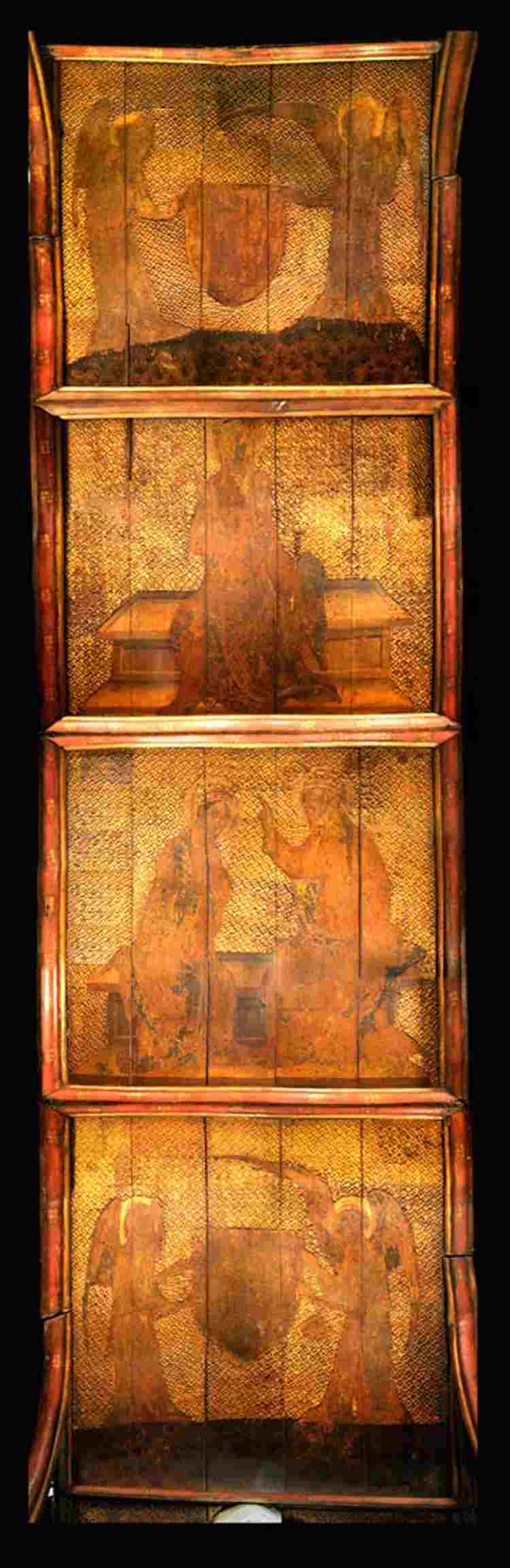 Oak tester (panel) above Richard II's tomb, depicting four scenes: two angels holding a shield, the coronation of the Virgin, Christ enthroned, and two angels holding a shield