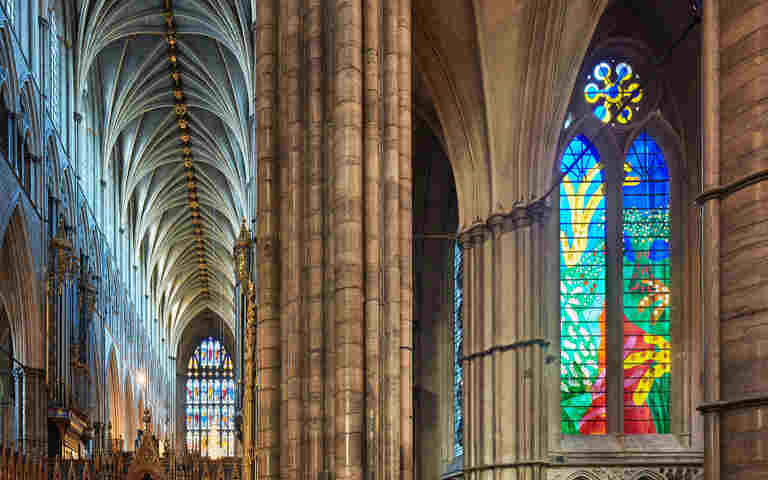 Photograph of stained glass windows in Westminster Abbey for a video about stained glass