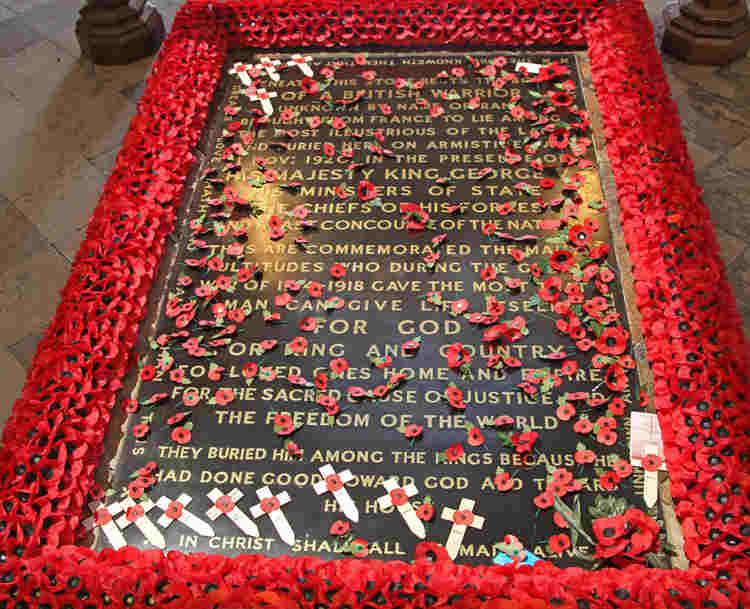 Grave of the Unknown Warrior covered in poppies and crosses