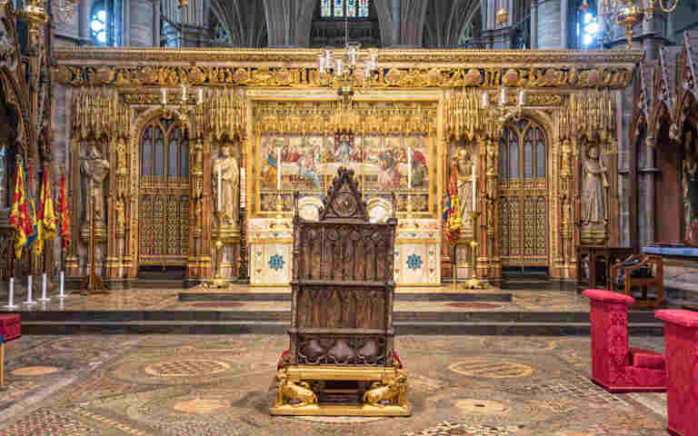 Photograph of the back of the Coronation Chair on the High Altar, as positioned during coronation ceremonies, representing the Kings, Queens and Coronations trail teachers notes