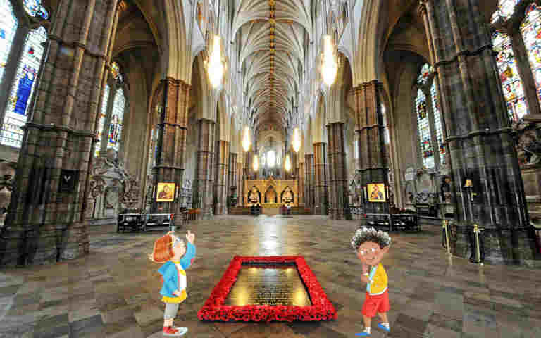 Illustrated children standing within the nave of Westminster Abbey, to promote Frequently Asked Questions