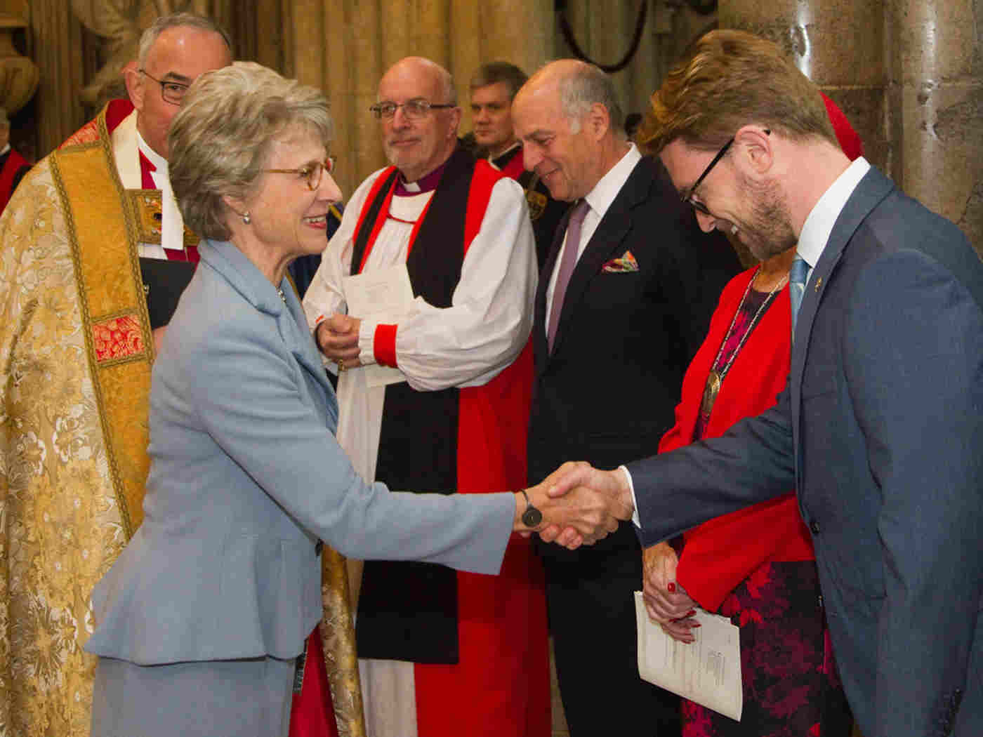 The Duchess of Gloucester greets Florian Schweizer, Chief Executive of the Arts Society