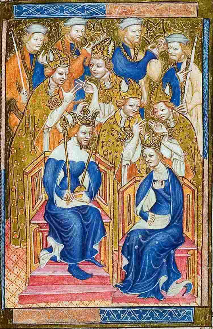A king and queen at their coronation (possibly Richard and Anne), as depicted in the Liber Regalis illuminated manuscript at the Abbey