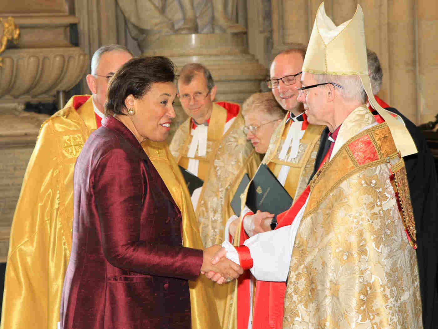 The Right Honourable The Baroness Scotland of Asthal QC, Secretary-General of the Commonwealth, arrives and is greeted by The Most Reverend and Right Honourable Justin Welby, Archbishop of Canterbury, Primate of All England and Metropolitan