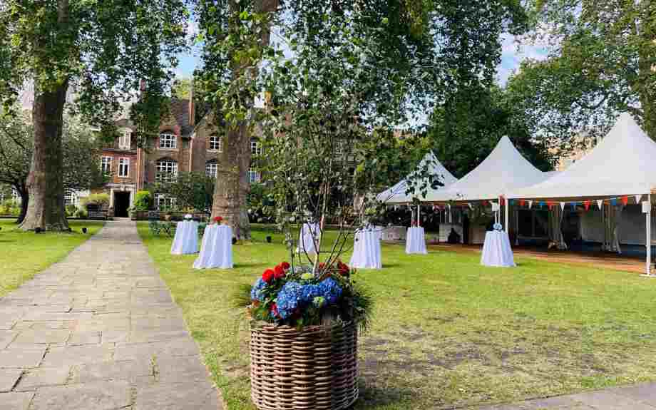 A reception set up in College Graden