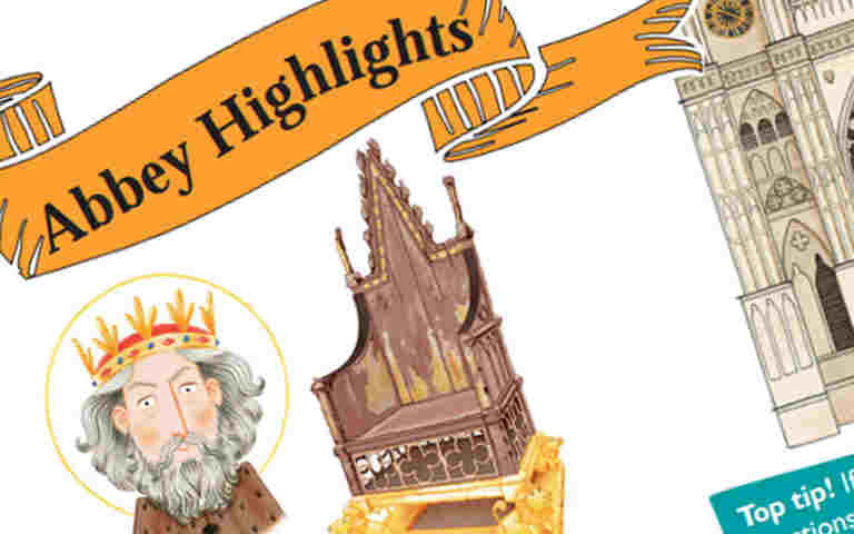 Illustrated Abbey Highlights trail, featuring the title on a yellow banner, a headshot of St Edward the Confessor, the Coronation Chair and in the corner part of the West Towers of Westminster Abbey