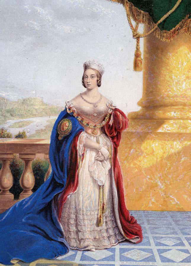 A young Queen Victoria wearing a crown, white dress and red and blue cloak