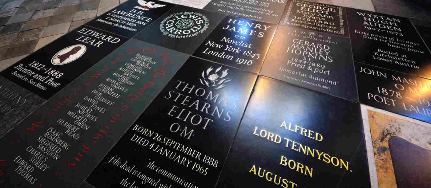 Gravestones and memorials in Poets' Corner, Westminster Abbey, including Lewis Carroll, Henry James and Gerard Manley Hopkins