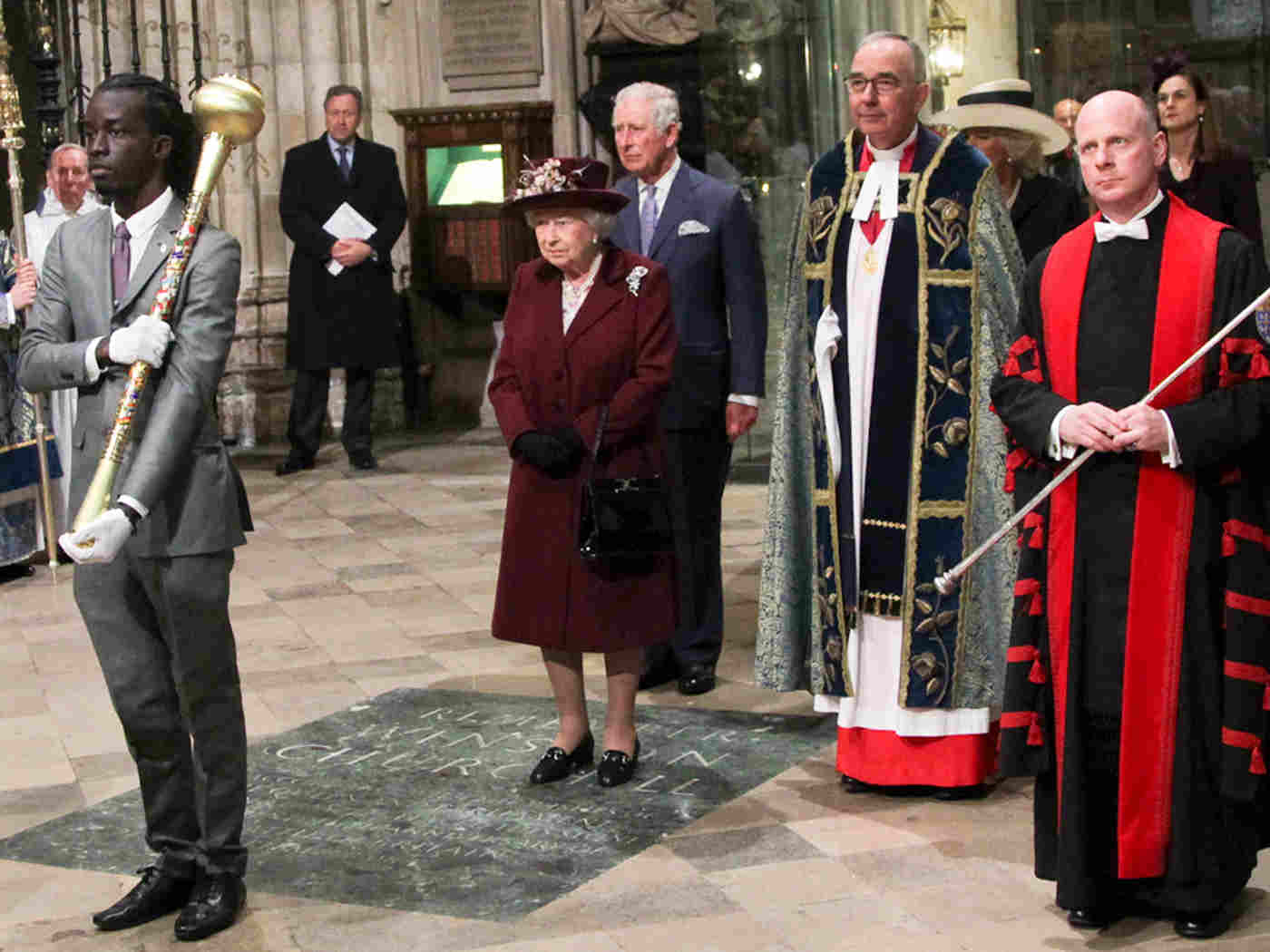 Commonwealth mace-bearer Zachary Phillps with HM The Queen and HRH The Prince of Wales at the start of the service