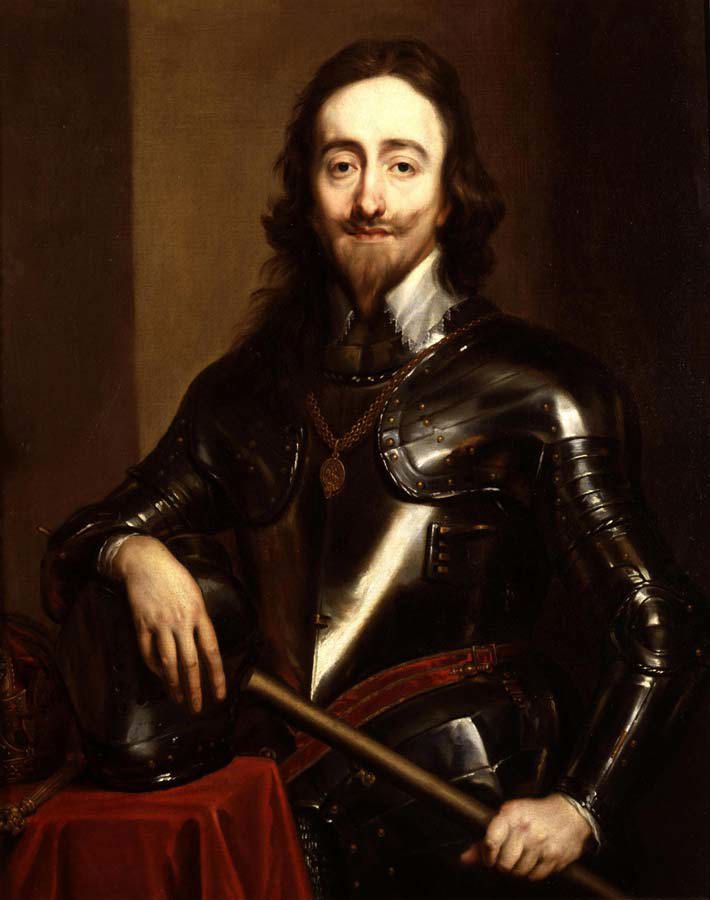 Painting of Charles I wearing a suit of armour, his right arm resting on the helmet on a table