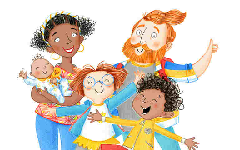 Illustration of a family of five having a good time