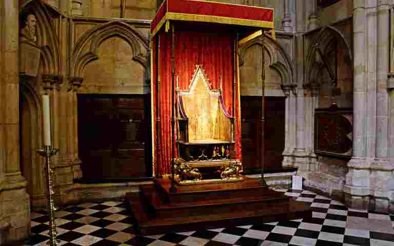 The Coronation chair on display in St George's Chapel, Westminster Abbey