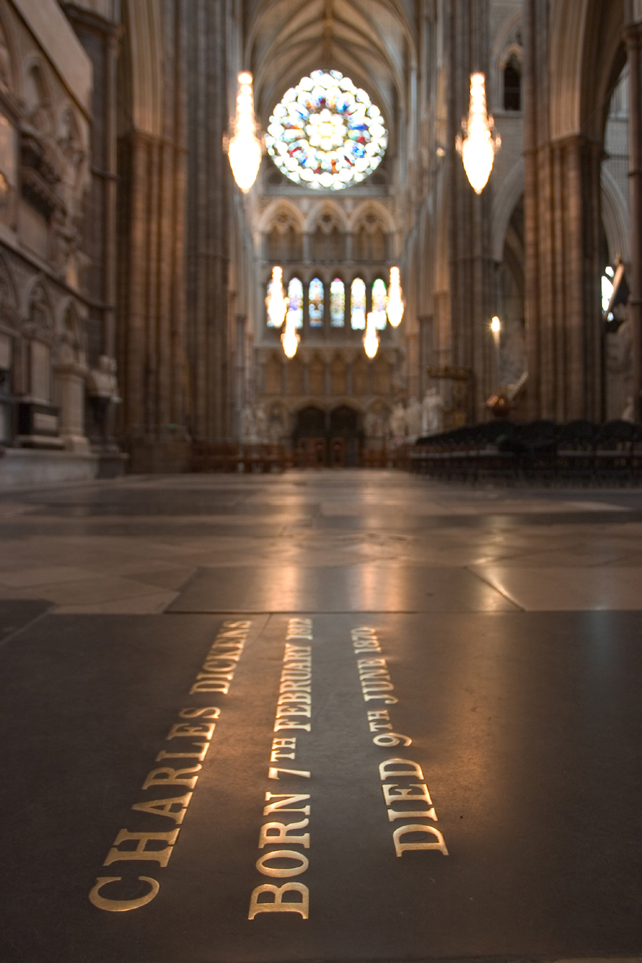 The grave of Charles Dickens, which reads: CHARLES DICKENS BORN 7th FEBRUARY 1812 DIED 9th JUNE 1870