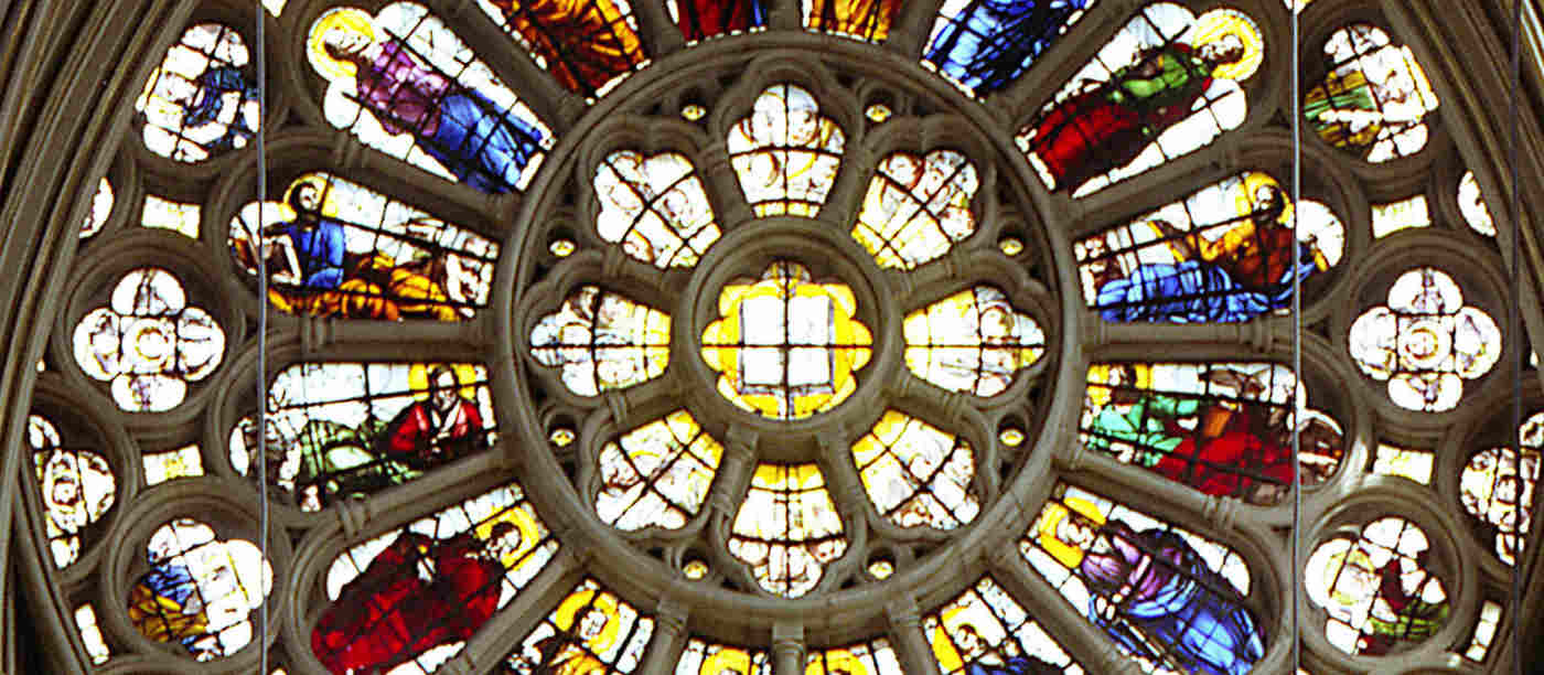 Photograph of brightly coloured rose stained-glass window in Westminster Abbey