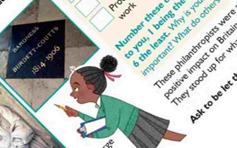 Screenshot of changemakers trail, including activities and an illustrated child pointing and writing down notes