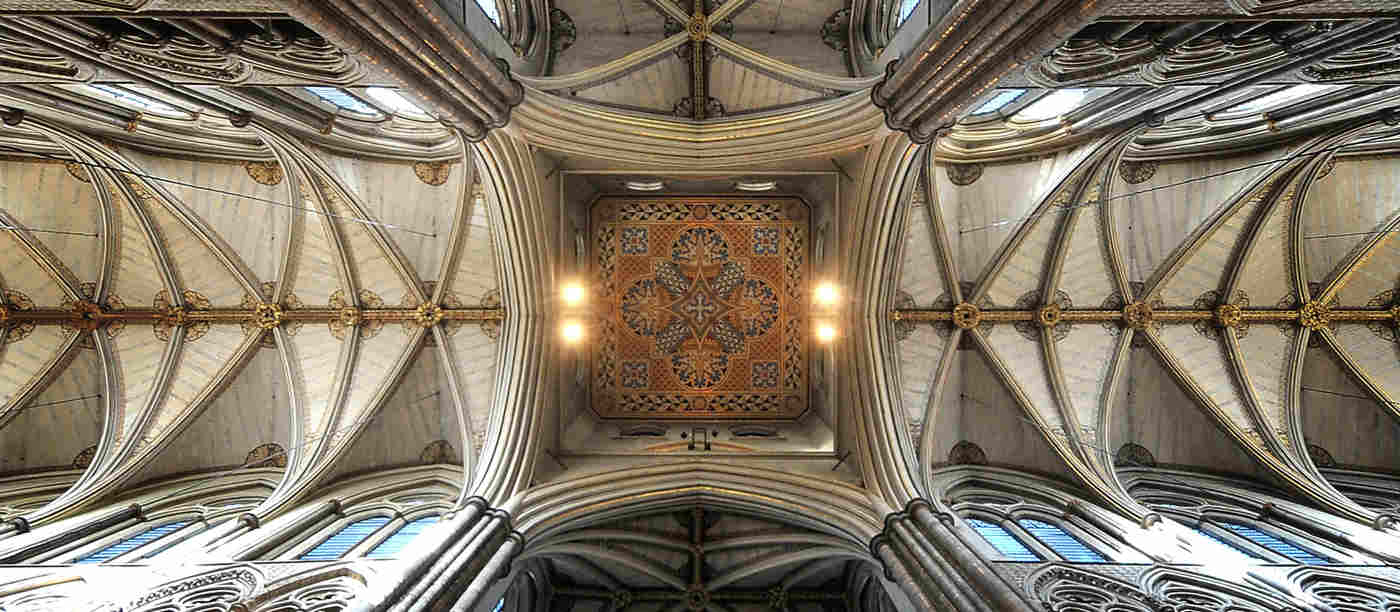 The ceiling of the lantern in Westminster Abbey, at the centre is a patterned panel