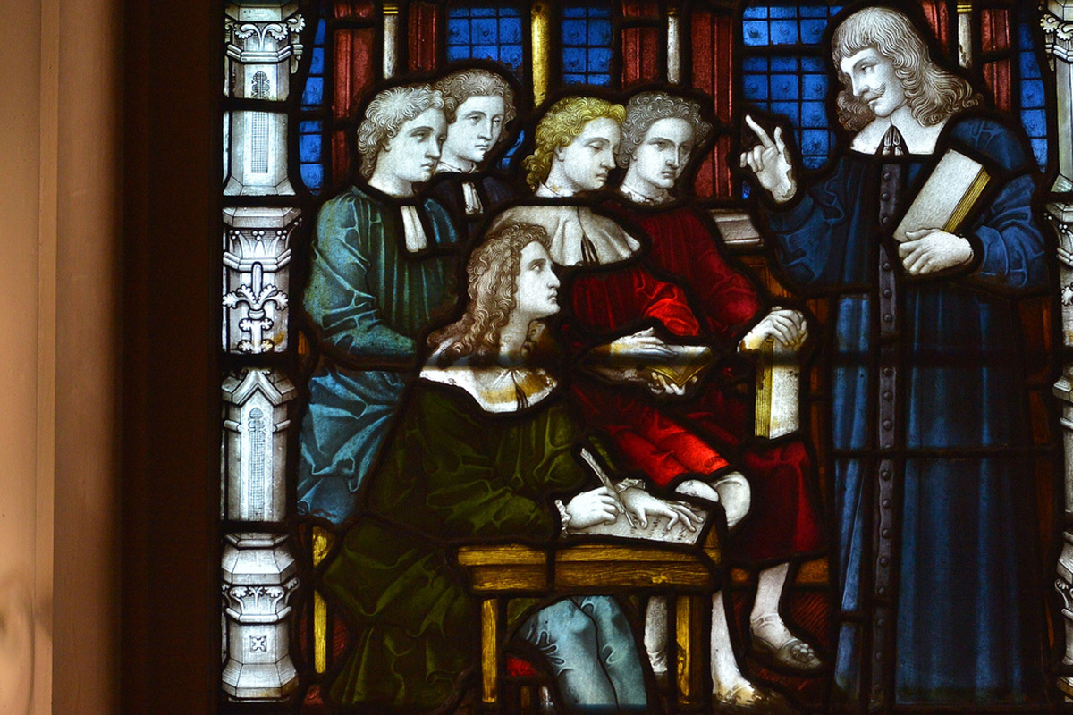 Stained glass window depicting John Milton at school, St Margaret's Church, Westminster