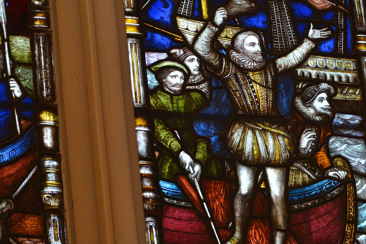 Stained glass window depicting Sir Walter Raleigh's voyage to America, St Margaret's Church, Westminster