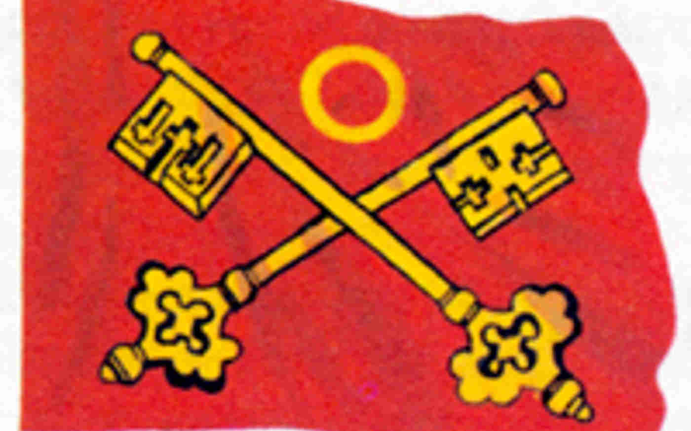 St Peter Flag: Red flag with the yellow crossed keys of St Peter and St Edward the Confessor's gold ring