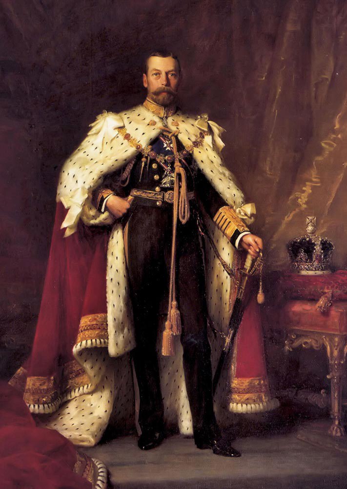 Painting of George V in military uniform and imperial cloak, the imperial crown on a table beside him