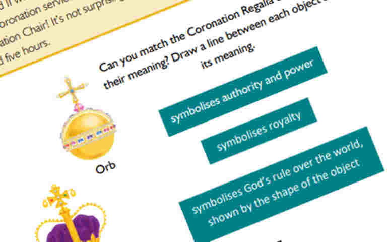 Close-up angled view of illustrated kings, queens and coronations trail featuring a matching exercise to do with the orb and sceptre