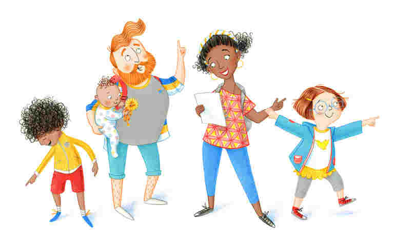 Illustration of a family of five pointing and looking in different directions