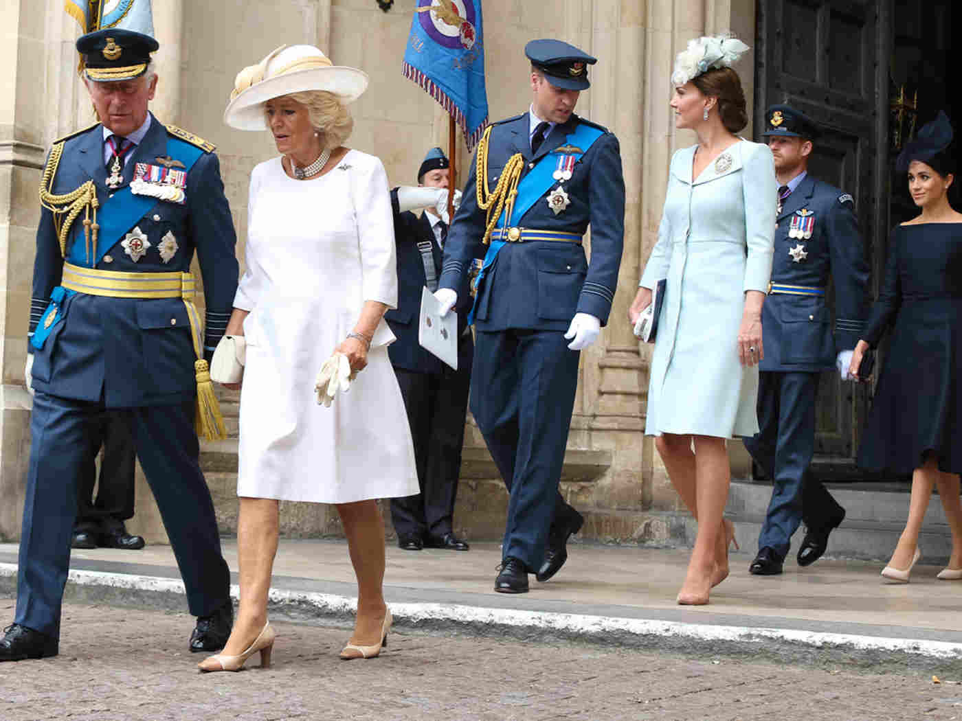 The Prince of Wales, Duchess of Cornwall, Duke and Duchess of Cambridge and Duke and Duchess of Sussex leave the Abbey