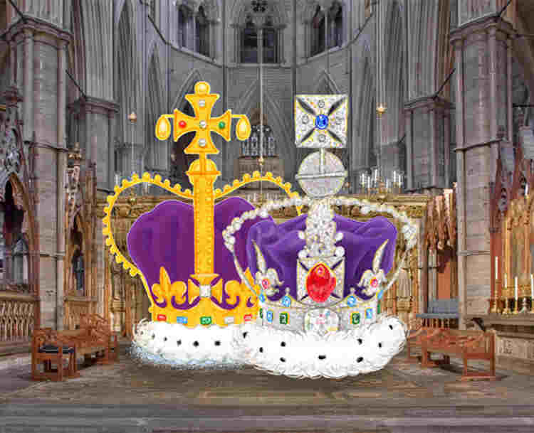 Illustration of two crowns overlaid onto a photograph of the High Altar and the Cosmati Pavement at Westminster Abbey, representing the first episode of Coronation Club