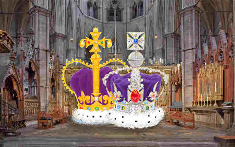 Illustration of two crowns overlaid onto a photograph of the High Altar and the Cosmati Pavement at Westminster Abbey, representing the first episode of Coronation Club