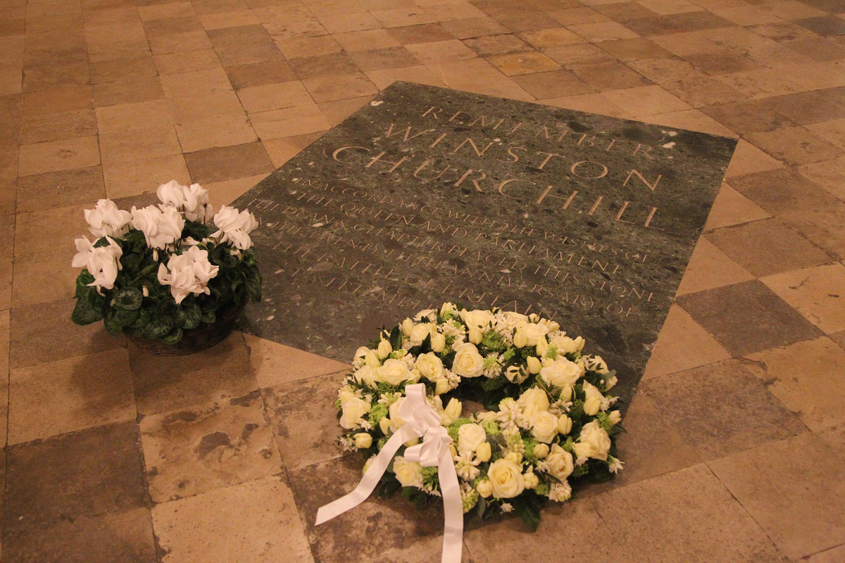 Flowers on the memorial stone to Sir Winston Churchill