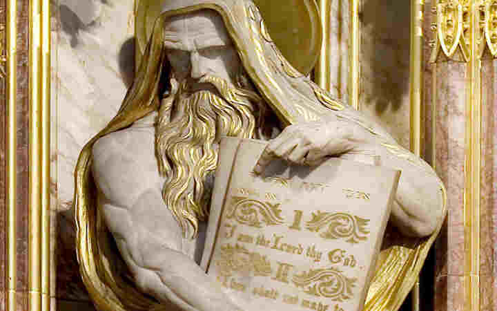Statue of Moses carrying the Ten Commandments on the High Altar within Westminster Abbey