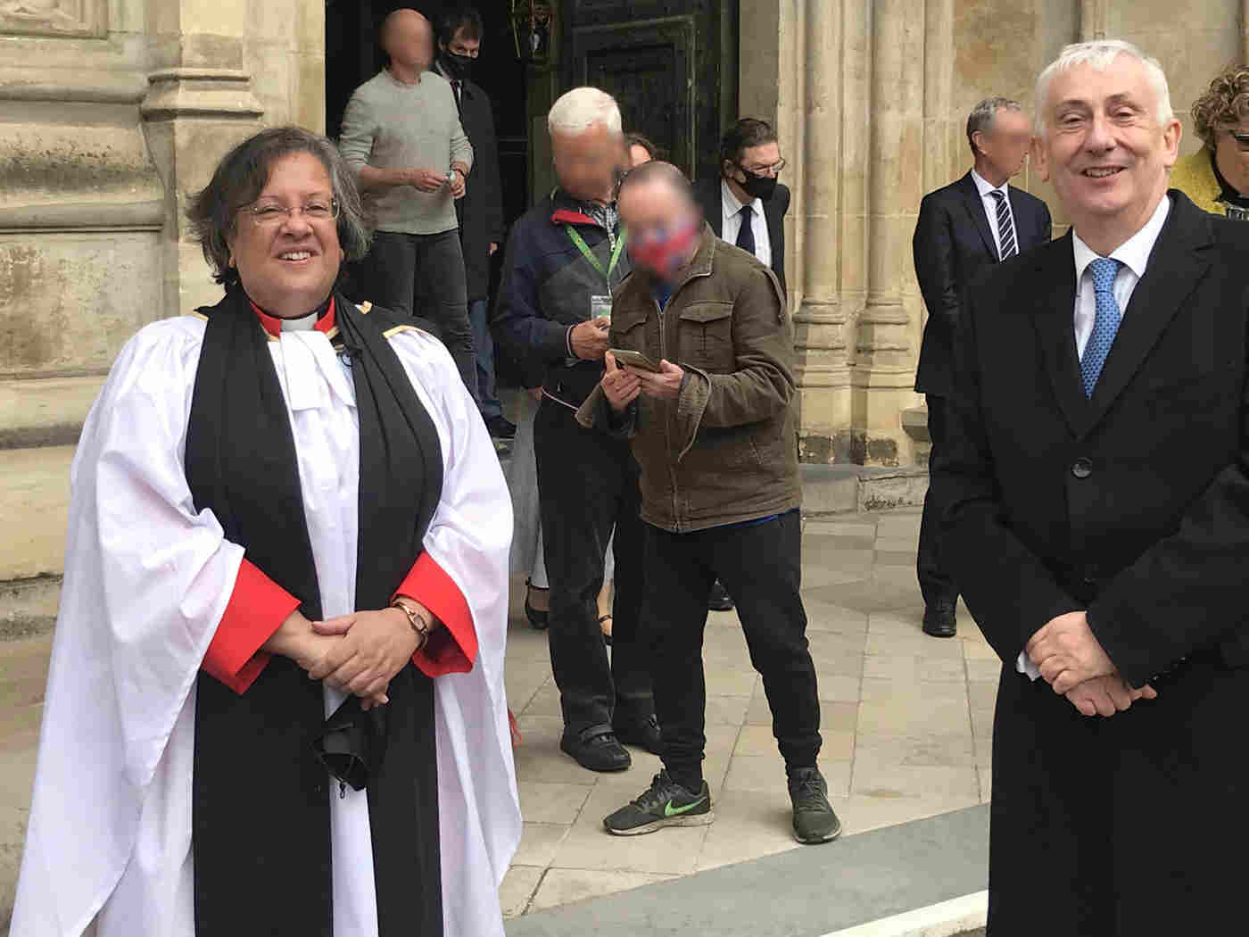 Canon Tricia Hillas with Sir Lindsay Hoyle, Speaker of the House of Commons as the congregation exits yesterday’s Installation service