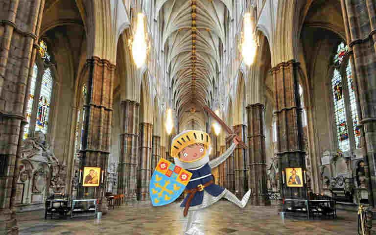 Illustration of boy dressed as a knight on top of a photograph of the nave at Westminster Abbey, representing the Coats of Arms Creations video