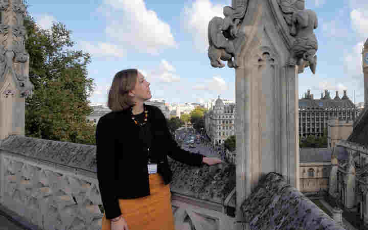Photograph of woman standing on the roof of Westminster Abbey looking towards the Houses of Parliament
