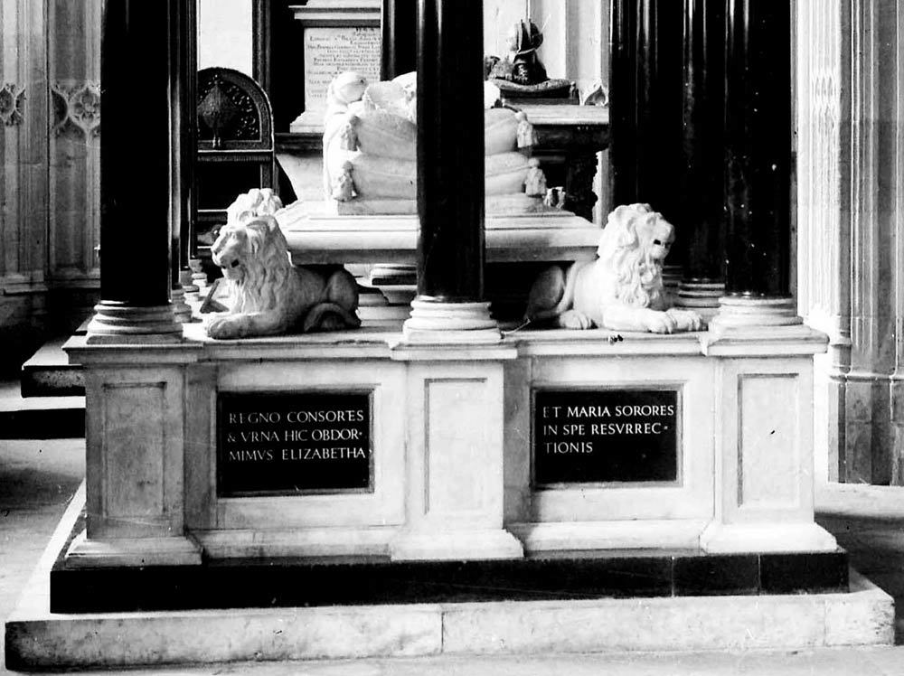 Inscriptions on the tomb of Elizabeth I and Mary I, reading: 'Partners both in throne and grave, here rest we two sisters, Elizabeth and Mary, in the hope of the Resurrection.'