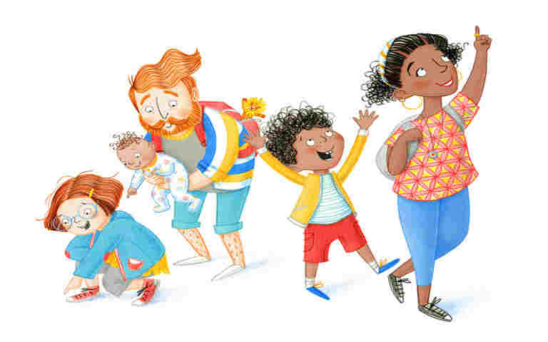 Illustration of family of five pointing in different directions