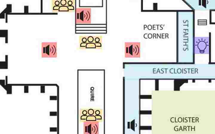Close up of sensory map of Westminster Abbey with symbols for different elements of the experience that students may be impacted by