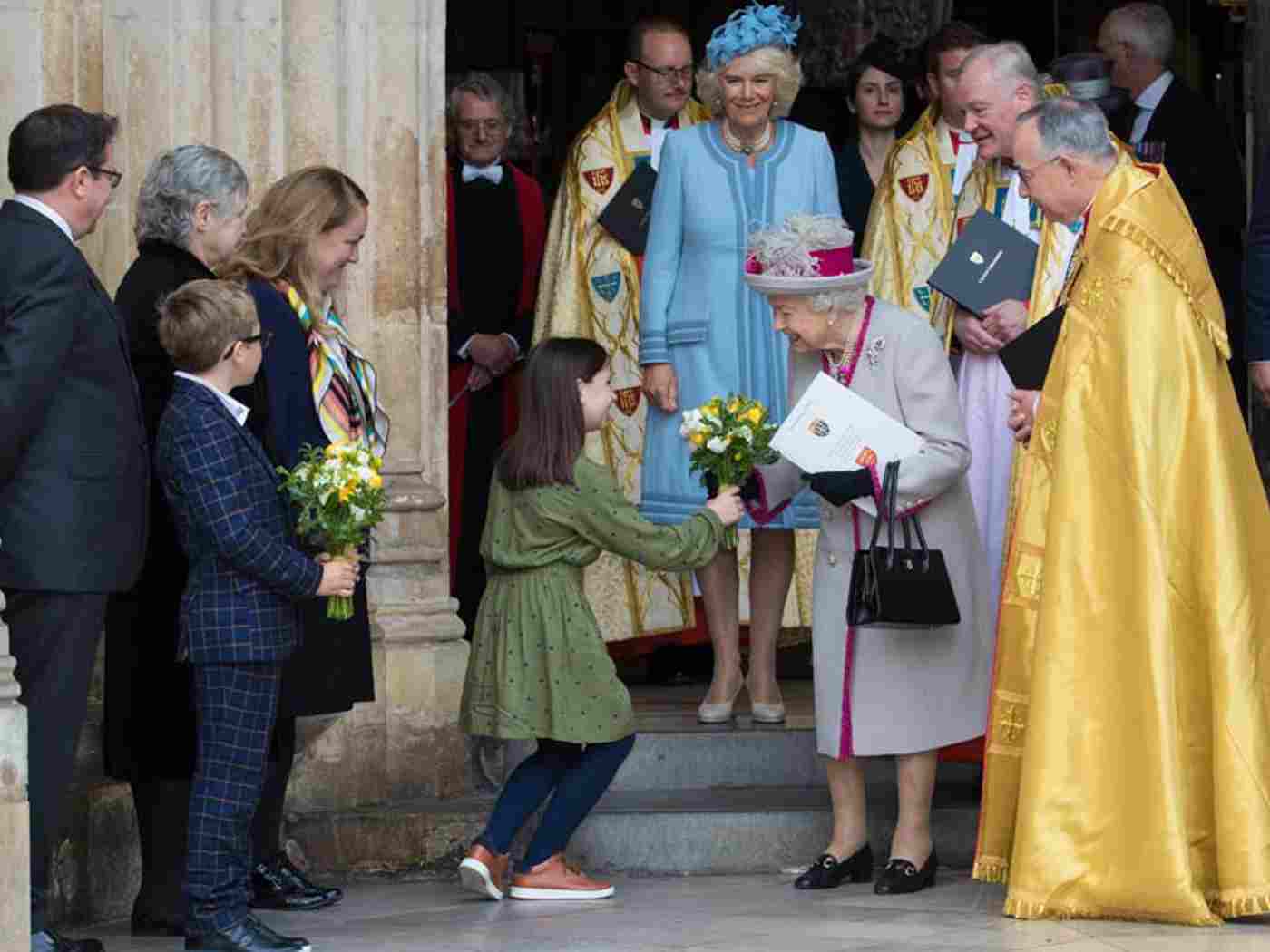 The Queen receives flowers from Margaret, aged 10