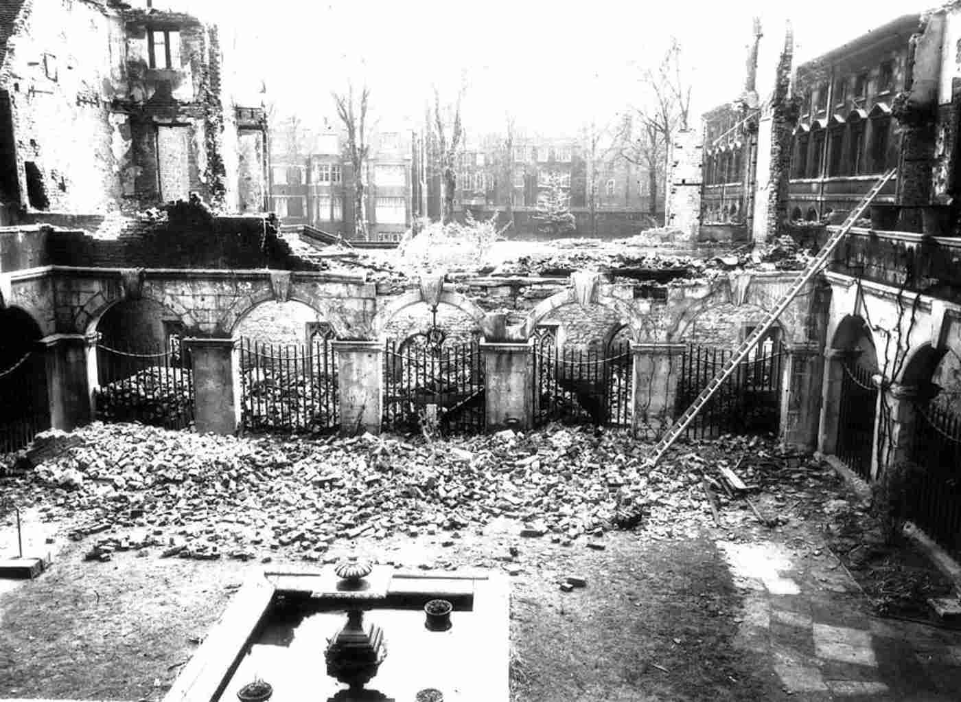 War damage in the Little Cloister area of the Abbey